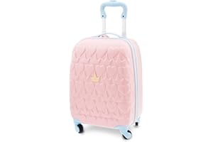 Disney Store Official Pink Princesses Suitcase, 46x30x20cm, Luggage for Kids, with Telescopic Handle and Multi-Directional Wheels, Features Heart and Crown Pattern