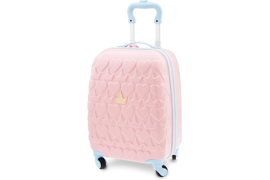 Disney Store Official Pink Princesses Suitcase, 46x30x20cm, Luggage for Kids, with Telescopic Handle and Multi-Directional Wheels, Features Heart and Crown Pattern