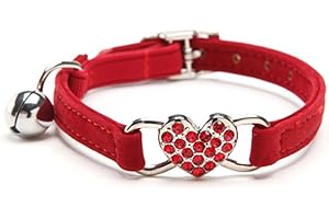 Collar de gato con campana de Chukchi, hecho de terciopelo suave y seguro, ajustable, con corazón de cristal, de 20 a 28 cm