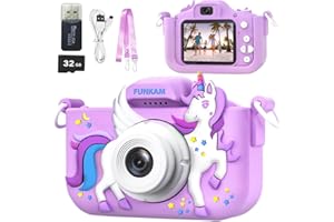 FUNKAM Macchina Fotografica Bambini Unicorno, 2" 1080P Fotocamera Bambini, HD Selfie Fotocamera Per Bambini 32G, Regalo per bambino e bambina 3 4 5 6 7 8 9 10 11 12 Anni, Regali Giocattolo (Viola)