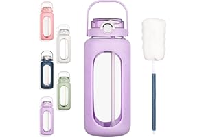 BLUEGO 2L Gourd en verre Avec paille Marqueur de temps Bouteille d'eau Motivation avec manchon en silicone 2 litres Grande carafe d'eau en Verre pour Gym, sports et entraînement, Violet