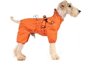 Mile High Life Waterproof Dog Raincoat, Full Coverage Small Dog Rain Coat with Harness, Adjustable 4 Legs Puppy Rain Jacket with Reflective Strip and Elastic Cuffs (Orange, Large)