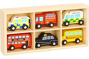 Woody Treasures Wooden Toy Car Set - 6-Piece Wooden Cars Toy with Box - Colourful Vehicle Toys for Ages 3 & Up - Educational & Fun for Kids, Toddlers, Preschoolers, Girls & Boys