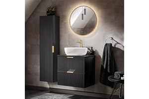 Lomadox Badezimmer Möbel Set, 60cm Waschtisch mit Keramik Aufsatzbecken, matt schwarz mit gerillter Front, B/H/T ca. 110/200/46,5 cm