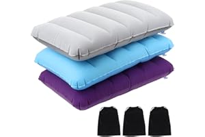 CYZBL 3Pcs Inflatable Flocking Cushion, Soft Flocked Blow Up Travel Camping Pillow, Ultralight Compressible Compact Air Pillow with 3 Storage Bags, Waterproof Beach Hiking Picnic Cushion