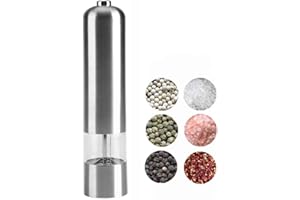 SOOJET Macinapepe Elettrico, Macinasale in Acciaio Inossidabile, Macinatore automatico per Spezie, Grinders Elettrico Inox Spazzolato Regolabile Rugosità con LED(Batterie non incluse)