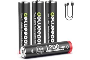 Delyeepow Akumulatory litowe USB-C AAA do ponownego ładowania, 1,5 V, 1200 mWh USB, baterie AAA z kablem USB 2 w 1, szybkie ładowanie, 1 godzina, cykl 1500, 4 sztuki