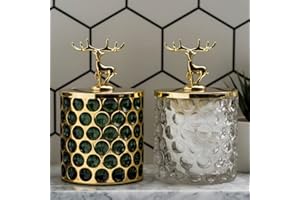 Ezebesta 2PCS Vintage Bathroom Canisters Luxury Small Thick Glass Jar Set Qtip Holder Dispenser for Cotton Ball & Pads Storage Organization Beautiful Decor