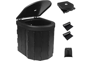Fousenuk WC Portatil Negro, Inodoro Portatil con 2 Rollos Bolsas de Basura y Funda, Indoro Portátil Camping Plegable Soporta hasta 150 kg para Camping, Viajes, Senderismo, Atascos de Tráfico