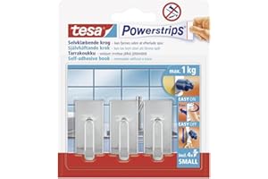 tesa UK Powerstrips Hooks Small RECTANGLE/CHROME EFFECT Removable Self-Adhesive Wall Hook for Glass, Tiles, Wood, Plastic and Other Surfaces - Waterproof - Strong Hold up to 1 kg