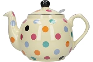 LONDON POTTERY Londyńska ceramika wiejska czajniczek w kropki z zaparzaczem ceramiczny, kość słoniowa/wielokolorowe groszki, 4 filiżanki (1,2 litra)