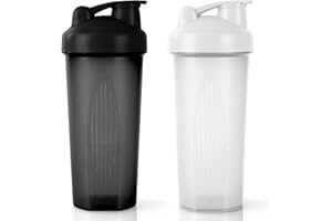 AOGOE 2 PCS Protein Shaker 600ml, Proteína Shaker a Prueba de Fugas con Bola Mezcladora, Botella Mezcladora de Batidos de Proteínas, Taza para Batidos de Proteínas para Fitness (Negro + Blanco)