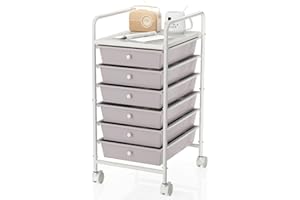 Johgee 6 Drawers Plastic Storage Cart, Multipurpose Mobile Organizer Shelving Unit with Lockable Wheels, Utility Rolling Cart Storage Trolley for Home Office Stationery Makeup Beauty & Salon, Gray