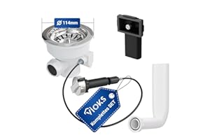 VIOKS Válvula excéntrica para cesta de colador, 114 mm, accionamiento giratorio y rebosadero, cesta colador, válvula de empuje de plástico para fregadero de cocina