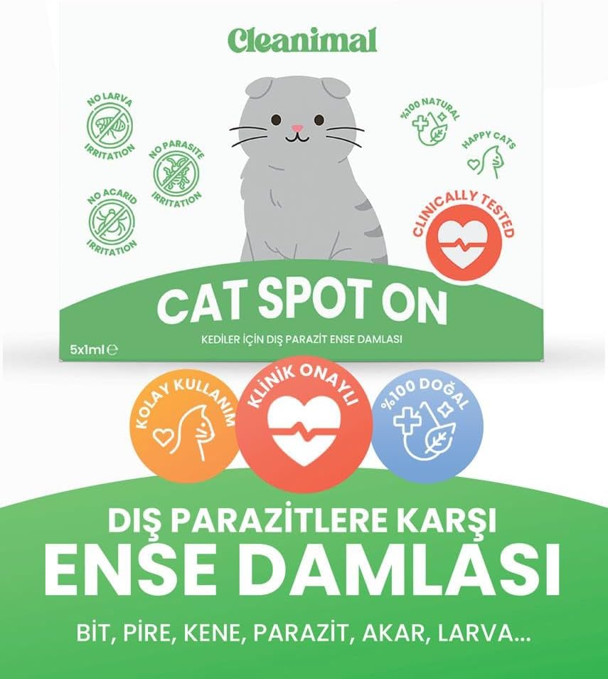 Cleanimal Kedi Dış Parazit Ense Deri Damlası | Bit, Pire ve Kene Karşıtı Doğal Koruma Damlası 5x1 ml