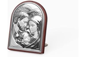 ALBALÙ Icona Sacra Ad Arcata in Argento Laminato con Retro in Legno da Appoggio e Muro (Sacra Famiglia, Medio)