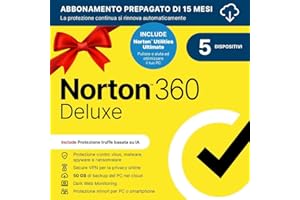 Norton 360 Deluxe 2026 + Utilities Ultimate | Antivirus 5 dispositivi | 50 GB backup | 15 mesi rinnovo automatico | 1 Utente | Codice d'attivazione via email”