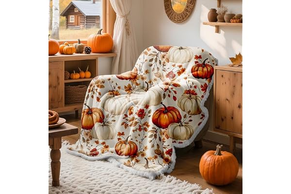 Lanpn Höstpläd av flanell med pumpa, av mjuk och varm flanell/sherpafleece, med orangea pumpor och löv, för bäddsoffa, mysig höstfilt i lantlig stil, heminredning, 127 x 152 cm