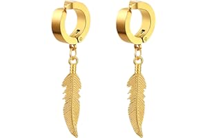 Flongo Orecchini Finti Magnetici con Piuma: Orecchini a cerchio con Pendente da Uomo Donna