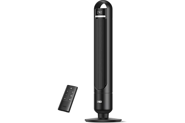 DREO 23 dB tyst pelarfläkt för sovrum, max 9,8 m täckning, bladlös stående fläkt, 90° svängning, 4 hastigheter, 3 lägen, 8 timmars timer, LED-display, svart.