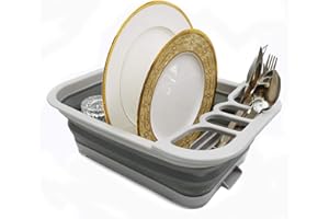 ‎SAMMART SAMMART Collapsible Plastic Dish Drainer with Drainer Board - Foldable Drying Rack Set - Portable Dinnerware Organizer - Space Saving Kitchen Storage Tray (Grau)