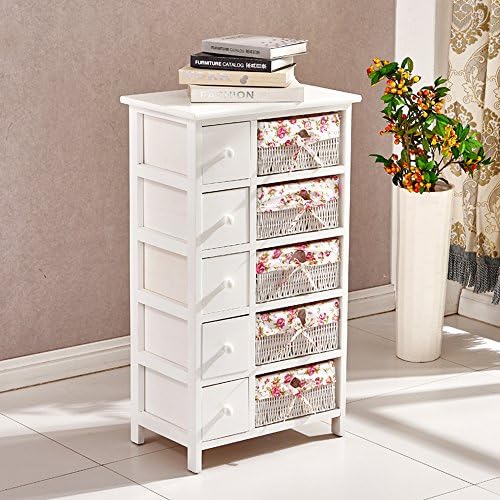 Tason Shabby Chic Rattan Chest of Drawers, White Wooden Storage Cabinet Sideboard Cupboard with Vintage Design and Floral Decor (5 Drawers 5 Baskets)