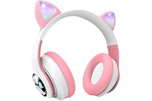 OHAANYY Bluetooth kopfhörer Kinder,Mädchen Katzenohr Kopfhörer Over-Ear mit LED-licht Faltbare Stereo Kopfhörer Bluetooth,Kabellose Kopfhörer Kinder mit Mikrofon,Micro SD/TF,für Tablet/Handy/PC (Rosa)