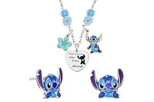Mprocen 2PCS Stitch Necklaces Earrings Ear Studs Set Cartoon Necklace Shiny Heart Shape Pendant Necklace with Initial Letter Dainty Gifts Birthday Party Jewelry Gift for Friendship Girls Kids Women