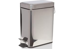 FINE STAR 5L Slim Pedal Bin Square Toilet Brush Holder Bathroom Set Rectangular Removable Bucket Trash Recycling Bin (Chrome 5 L Bin Only)