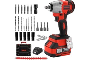 TEENO Brushless Clé à Chocs Sans Fil Sans Avec Adaptateur, 320NM Boulonneuse a Choc Electrique Avec Batterie 3.0AH,5 Douilles à Chocs,Couple Réglable, Boîte avc 26pcs Accessoires (Une batterie)