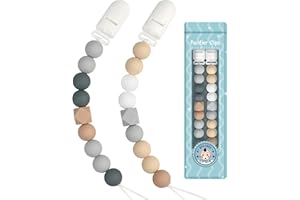 Kowlone Dummy Clips Boys Girls Silicone Soother Pacifier Chain Binky Holder Set for Teething Baby Unisex Newborn Dummies(Beige,Grey)