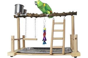 KATHSON Parrots Playground Bird Perch Gym Playpen with Ladder Swings Feeding Cups for Parakeets African Grey Conures Cockatiel Cage Accessories Exercise Toys (Prickly ash Wood)