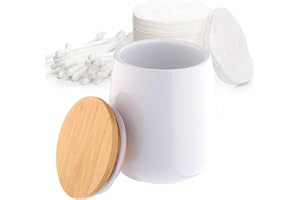 KADAX Pojemnik łazienkowy ceramiczny biały z bambusową pokrywką, szczelne zamknięcie ogranicza wilgoć, zmywalna powierzchnia, na waciki kosmetyczne, patyczki i drobiazgi do łazienki