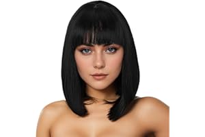 HTTDSLF Noir Straight Bob Wig With Bangs Perruque pour Femmes, Noir Bob Perruque, Perruques Courtes et Droites, Perruques de Cheveux Synthétiques Cosplay Utilisation Quotidienne de la Fête