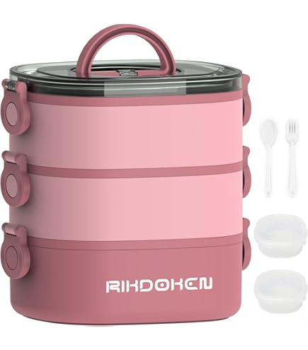 Lille Home 2600ml Stackable Stainless Steel Thermal Compartment Tiffin Lunch /Snack Box, 3-Tier Insulated Bento/Food Container with Lunch Bag and Utensils (Beige