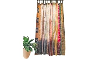 RAJBHOOMI HANDICRAFTS Indian Old Sari White Color Curtain Door Drape Window Decor Silk Sari Hippie Recycle Curtains, 210 x 105 cm (Multi Color)