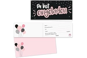 ‎YOUNIKAT younikat 15 Invitation Cards with Envelopes I DIN Long (210 x 99 mm) I Invitation Set Children's Birthday to Fill in for Children Girls Black Pink I dv099 Black