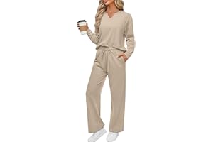 REORIA Women V Neck Activewear Loose Lounge Wear Set Solid Color Tracksuit Co Ord Sets Two Piece Outfit