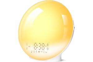Togaga Réveil lever du soleil, lumière de réveil avec simulation lever du soleil/coucher du soleil, double alarme et fonction snooze, lampe de chevet avec 11 lampes d'ambiance colorées, 7 sons de la