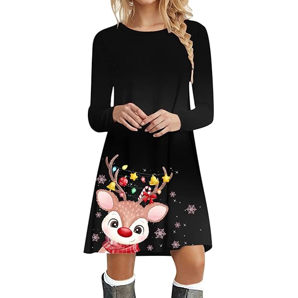 ZHENDEGL Weihnachtskleid Damen - Vintage Langarm Mit V-Ausschnitt Für Festtage