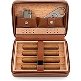 L&uuml;ks Kahverengi Deri Seyahat Tipi Puro Kutusu - Sedir Ağacı Kaplı 4'l&uuml; Portatif Humidor - Puro Kesici ve Aksesuar B&ouml;lmeli - E