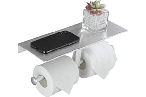 DUFU Porte-Papier Toilette Mural avec Étagère Porte Rouleau Papier Toilette Double Support Rouleau Papier Toilette Porte-Papier Hygiénique Derouleur Papier WC sans Perçage ni de vis Installation