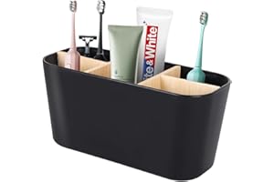 Neuytiky Uchwyt na szczoteczki do zębów i organizer łazienkowy z bambusa – 5-krotny kubek na szczoteczki do zębów ze zdejmowanymi ściankami działowymi | na elektryczne szczoteczki do zębów, pasty do