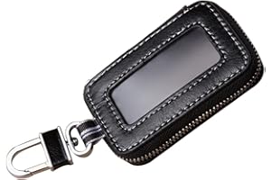 Esdrem Unisex Genuine Leather Car Key Holder Zippered Key Chain Case Pouch with Clear Window