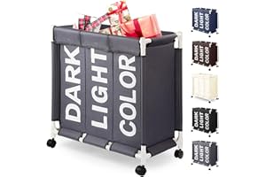 Rieeyrslza Brudne Ubrania Hamper 3 Przegródki 90 L Kosz na Pranie z Kółkami Duża torba na Pranie z PokrywkąKosz do Przechowywania Praktyczne Przechowywanie Klasyfikacja Ubrań (Szary o2)
