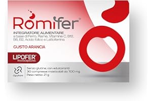 DIGI-PHARM Romifer Ferro Forte Integratore Alimentare con Ferro da Lipofer Alto dosaggio, Lattoferrina, Vitamina C, Rame, Acido Folico e Vitamine B6, B2, B12, Gusto Arancia Made in Italy