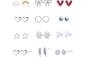 RRICHH 12Pairs Small Stud Earrings Set for Women 925 Sterling Silver Surgical Steel Cartilage Helix Earrings Hypoallergenic Butterfly Pearl Cubic Zirconia Stud Earring Set for Teens Girls Women Gifts