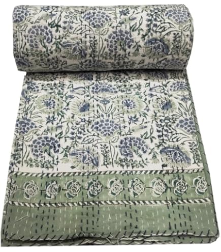 YUVANCRAFTS Colcha De Algodón Indio Hecha A Mano Kantha Con Estampado De Peces A Mano, Tamaño King