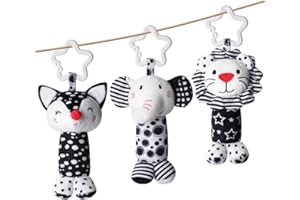 Aolso Juguete para cochecito de bebé, 3 piezas de sonajero colgante, juguete blanco y negro, juguete colgante para bebé, juguete para asiento de coche recién nacido para niños y niñas-León