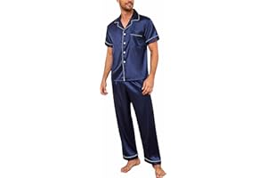 Jahetuul Pyjama Satin Homme Ete Pyjama Homme Ete Long Ensemble Boutonné a Chemise de Nuit Homme Top avec Poches Vêtements de Nuit Sleepwear